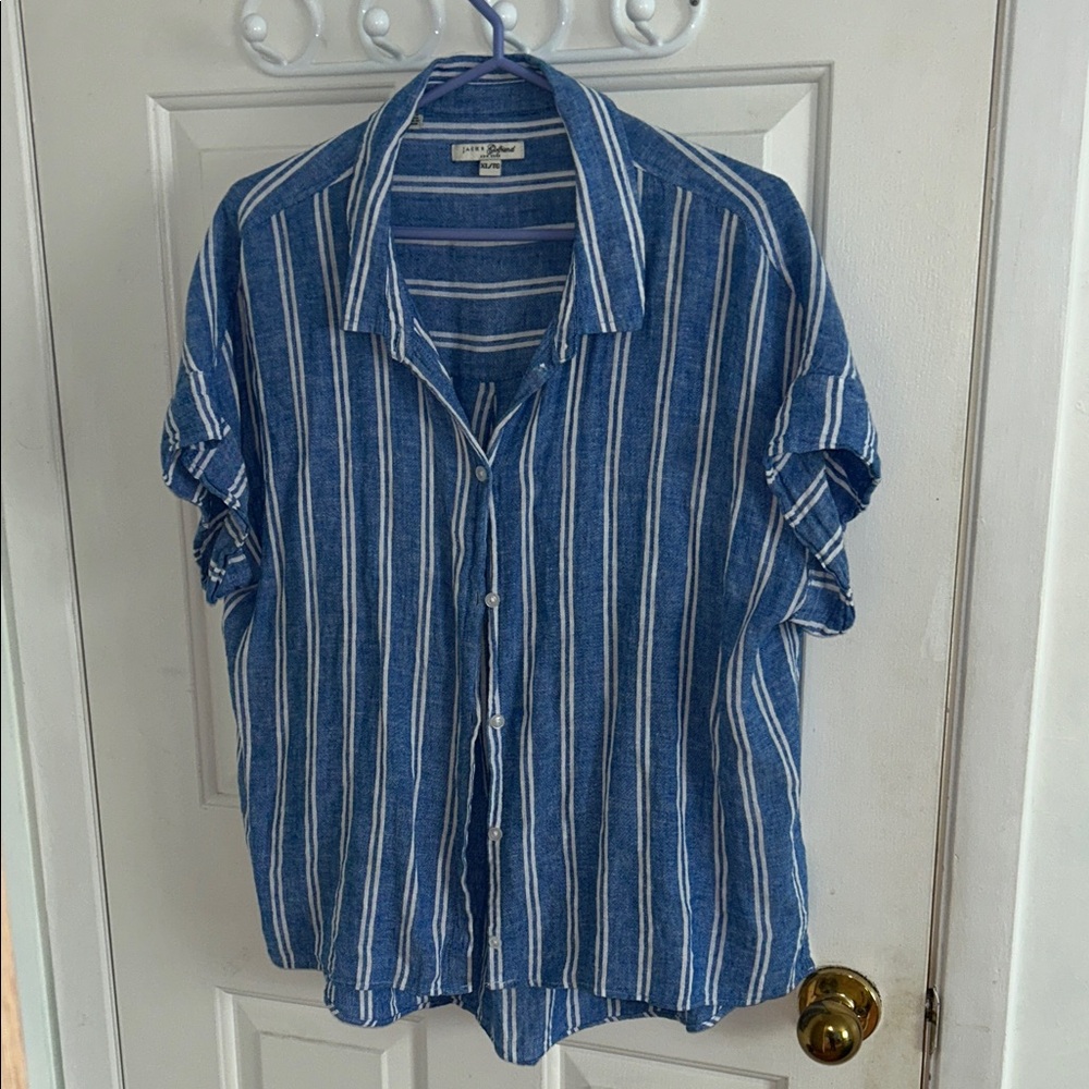 JACHS Girlfriend Blue and White Vertical Stripe Short-Sleeve Button-Up